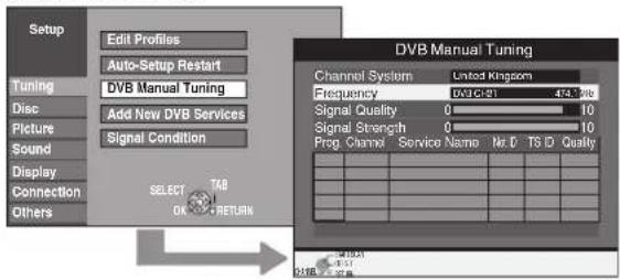 Setup Edit Profiles Auto-Setup Restart Tuning DVB Manual Tuning Add New DVB Services Picture Signal Condition Sound Display Connection Others SELECT TAB OK RETURN DVB Manual Tuning Channel System United Kingdom Frequency 0 473.26p Signal Quality 0 10 Signal Strength 0 10 Prog. Channel Service Name Nr. ID TS ID Quality 2518-2521