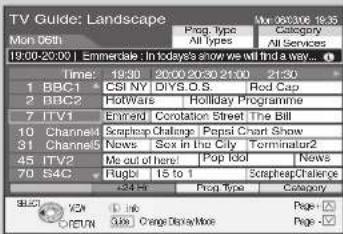 TV Guide: Landscape Mon 06th 19:00-20:00 | Emmerdale : In today's snow we will find a way Time: 19:30 20:00-20:30 21:30 21:30 1 BBC1 CSI NV DIVS D.S. Red Cap 2 BBC2 HotWare Holliday Programme 7 ITV1 Enfield Corotation Street The Bill 10 Channel4 Scraphep Challenge Popsi Chart Show 81 Channel5 News Sox in the City Terminator2 45 ITV2 Me out of here! Pop Idol News 70 S4C Rugbl 15 to 1 Scraphep Challenge 334 H Prog Type Category SUCI VCM (1) (2) Orange Daytime Page □ Page □