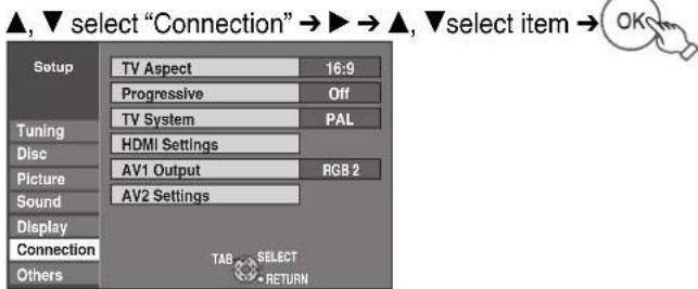 ▲, ▼ select "Connection" → ▶ → ▲, ▼select item → OK Setup TV Aspect 16:9 Progressive Off TV System PAL Tuning HDMI Settings Picture AV1 Output RGB 2 Sound AV2 Settings Display Connection Others TAB SELECT RETURN