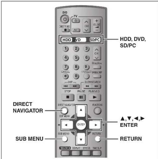DVD TV CREDITIVE AV CH + XW.LVE HDD DVD SD/PC 1 2 3 4 5 6 7 8 9 CANCEL 0 SKIP SLOWSFARCH STOP PAUSE PLAYX1.3 DIRECT NAVIGATOR ICE MENU ENTER SUB MENU RETURN FROM EX DISPLAY STATUS TIME SLIP HDD, DVD, SD/PC ▲,▼,◀,► ENTER RETURN