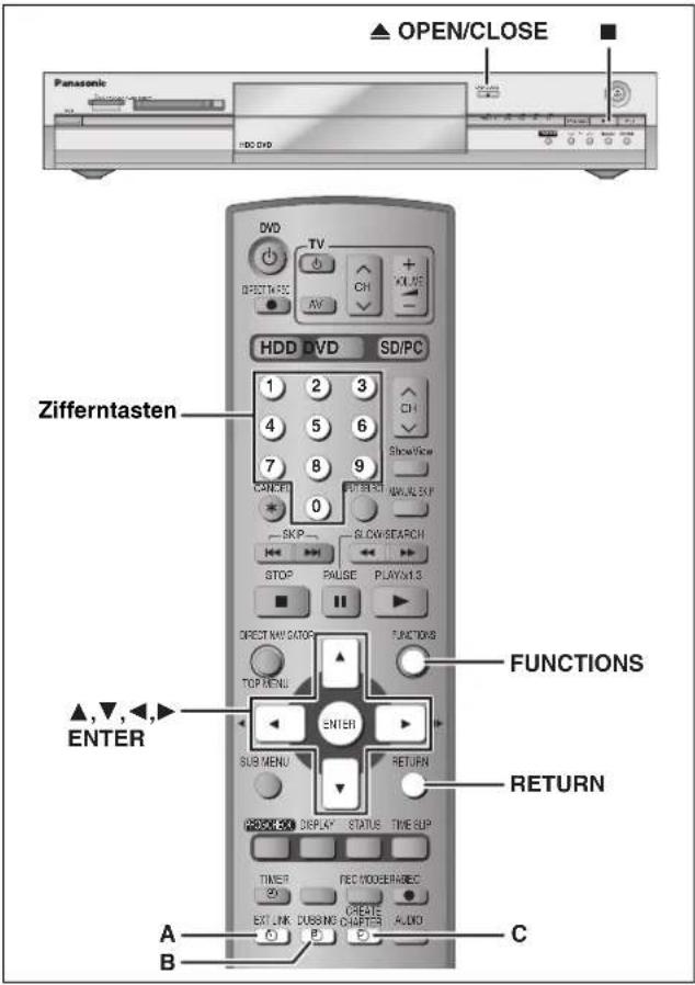 ▲ OPEN/CLOSE Panasonic HDD DVD DVD TV DIRECT NAME AV CH KLINE HDD DVD SD/PC 1 2 3 4 5 6 7 8 9 CANCE 0 SPEED SLOW SEARCH STOP PULSE PLAYN1.3 ■ DIRECT NAV GATOR TOP MENU FUNCTIONS ▲,▼,◀,► ENTER ENTER SUB MENU RETURN REVIEW DISPLAY STATUS TIME DUP TIMER REC MODERAGEC OPEN CLOSE OUTPUT COUNTER AUDIO A B C