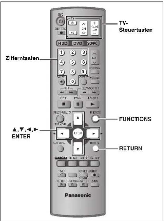 DVD TV HVLC DIRECTVRES AV HVLC HVSTUERTASTEN HDD DVD SD/PC 1 2 3 CH 4 5 6 SHOWVIEW 7 8 9 CAN/CEI 0 SLOWS/SEARCH SKIP STOP PAUSE PLAYX1.3 DIRECTION/AVATOR FUNCTIONS TOP MENU ▲,▼,◀,► ENTER ENTER SUB MENU RETURN CUSTOMER DISPLAY STATUS TIME S.F.P. TIMER RED MODESPRING CREATE EXTRUC DUBBING CHAPTER AUDIO Panasonic
