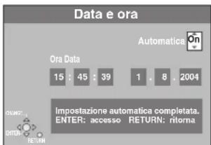 Data e ora Automatica on Ora Data 15 : 45 : 39 1 . 8 2004 IMPostazione automatica completata. ENTER: accesso RETURN: ritorna
