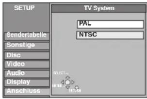SETUP Sendertabelle Sonstige Disc Video Audio Display Anschluss TV System PAL NTSC