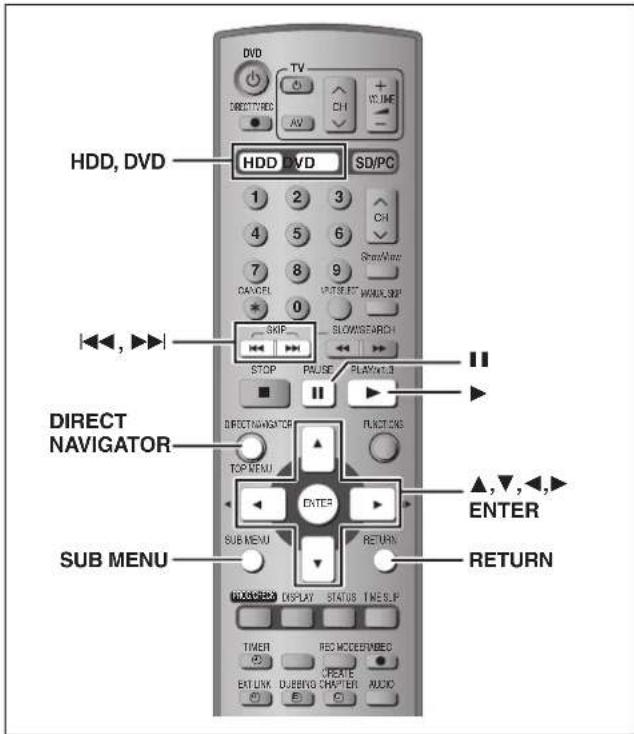 DVD TV DIRECT VINDS AV CH +VOLUME - HDD, DVD HDD DVD SD/PC 1 2 3 4 5 6 7 8 9 CANCEL 0 SHIP SLOWS/SEARCH STOP PAUSE PLAY/SL3 DIRECT NAVIGATOR TOP MENU DIRECT NAVIGATOR FUNCTIONS ENTER SUB MENU RETURN RETURN THICK/CHECK DISPLAY STATUS TIME/SIP TIMER REG MODE#/WED CREATE DUBERG CHAPTER AUDIO