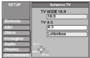 SETUP Sintonla Altri Disco Imagine Audio Display Connessioni Schermo TV TV WIDE 16:9 16:9 TV 4:3 4:3 Letterbox