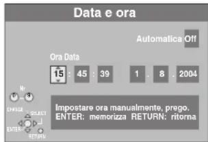 Data e ora Automatica Off Ora Data 15 : 45 : 39 1 . 8 : 2004 IMPostare ora manualmente, prego. ENTER: memorizza RETURN: ritorna