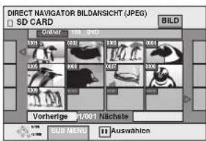 DIRECT NAVIGATOR BILDANSICHT (JPEG) SD CARD BILD Vorder 100, 200 000 001 002 003 004 005 006 007 Vorderige 1/001 Nichate SUB MENU 11 Auswahlon