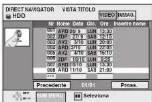 DIRECT NAVIGATOR VISTA TITOLO HDD Nr Name Data Geo. Ora Insertire nome 001 ARD 26/9 LUN 13:30 002 ZDF 27/9 LUN 12:15 003 AV2 3/10 LUN 20:05 004 ARD 3/10 LUN 22:05 005 AV2 4/10 SAB 16:10 006 ZDF 16/10 LUN 5:25 007 ARD 16/10 LUN 13:30 008 ARD 11/10 SAB 21:00 ... Precedente 01/01 Pross. SUB MENU Selectiona