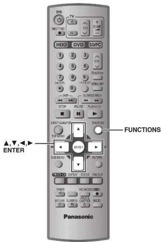 DVD TV DIRECTIVE AV CH VOLUME HDD DVD SD/PC 1 2 3 4 5 6 7 8 9 DAVORI ENTER EST WORK/SHIP 0 SKIP SLOWSFARCH STOP PAUSE PLAYSLC ELECTRIGGATER FUNCTIONS TOP MENU ENTER SUB MENU RETURN HKEYBACK DISPLAY STATUS TIME/SIP TIMER REC MODE/SMED EAT UNK DURING CHAPTER AUDIO Panasonic