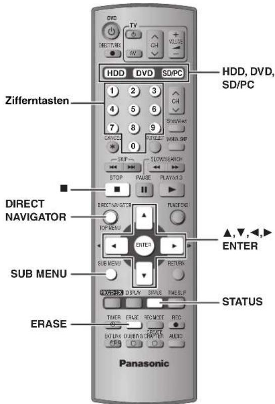 DVD TV DIRECTV/HD AV CH VOLUME HDD DVD SD/PC Zifferntasten 1 2 3 4 5 6 7 8 9 CANCE 0 SLOVSEARCH STOP PULSE PLAYOUT 3 DIRECT NAVIGATOR TOP MENU ENTER SUB MENU RETURN FOOD/ACK DISPLAY STATUS TIME SLIP STATUS ERASE TIMER ERASE REC MODE REC EXIT RUN DUBBING CHAPTER AUDIO Panasonic