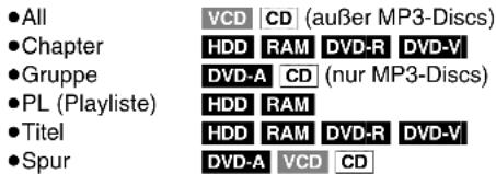 ●All ●Chapter ●Gruppe ●PL (Playliste) ●Titel ●Spur VCD CD (außer MP3-Discs) HDD RAM DVD-R DVD-V DVD-A CD (nur MP3-Discs) HDD RAM HDD RAM DVD-R DVD-V DVD-A VCD CD