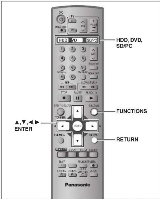 DVD TV MBERT/MBI AV CH +VXLINE HDD DVD SD/PC 1 2 3 4 5 6 7 8 9 CANCEL METRICS NORMAL STOP 0 SKIP SLOWS/SEARCH STOP PAUSE PLAYOUT 3 DIRECT VIEW/DEF TOP MENU FUNCTIONS ENTER SUB MENU RETURN FOXO/OFF DISPLAY STATUS TIME SLIP TIMER REC MODEER/ABC EXIT LINK OLBSING CHAP'TER AUDIO Panasonic