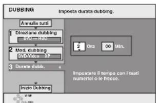 DUBBING Imposta durata dubbing. Annuale tutti 1 Direzione dubbing 2 Mod. dubbing 3 Durata dubbing. Inizi dubbing Ora 00 Min. Impostare il tempo con l testi numeril o le freece.
