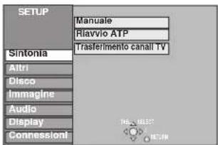 SETUP Manuale Riavvio ATP Sintonia Trasferimento canal TV Altri Disco Immagine Audio Display Connessioni