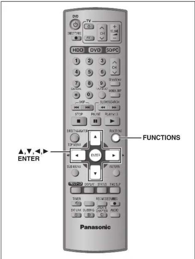 DVD TV +VOLUME DIRECTORIE AV HDD DVD SD/PC 1 2 3 4 5 6 7 8 9 CATCH 0 SLOWSearch STOP PAUSE PLAYM 3 DIRECTORIANTER FUNCTIONS TOP MENU ENTER SUB MENU RETURN DISPLAY STATUS TIME SLIP TIMER REC MODEM/BLOG EXT LUX DUBBING CLEATE CHAPTER AUDIO Panasonic