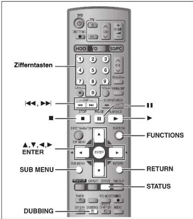 Zifferntasten DVD TV CREECTURES AV HDD DVD SD/PC 1 2 3 4 5 6 7 8 9 CANCE 0 RNOWView NSELECT NAME STEP SLOWSSEARCH STOP PAUSE PLAYOUT.D DIRECT NAVIGATION FUNCTIONS TOP MENU ENTER SUB MENU RETURN DISPLAY STATUS TIME SLIP TIMER REC MODERAMED CREATE CONTINUM DUBBING CNTYER AUDIO DUBBING