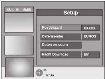 12.1. MI 15:05 Setup Postleitzahl XXXXX Datensender EUROS Daten erneuern Nacht Download Ein OK C RETURN
