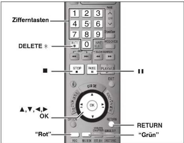 Zifferntasten DELETE * STOP RUNEX PLAYX EXIT GUIDE OK RETURN "Rot" REC RECMode EXIT RETURN "Grün"