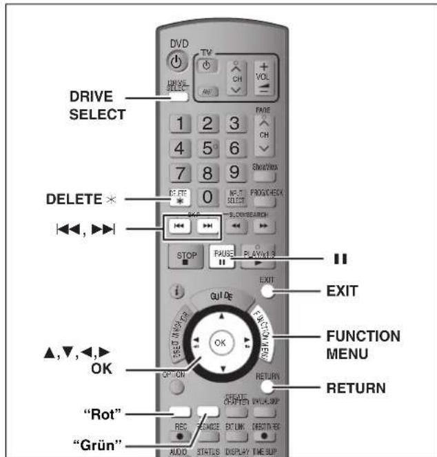 DRIVE SELECT DELETE * OK ▲,▼,◀,► OK "Rot" "Grün" DVD TV DH VOL AVT PAGE CH Show/Virus OFF NO. T. PROS/CHECK BLOW/SEARCH STOP FAUSE PLAY/LR EXIT EXIT FUNCTION MENU RETURN CREATE CRETE CRAFTEN UNICLRIP REC RENDICE EXTINY CREST-RED AUDIO STATUS DISPLAY TIME SLIP