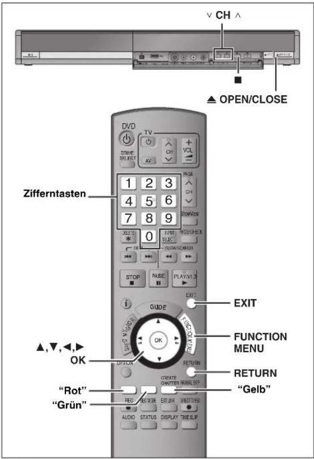 CH ▲ OPEN/CLOSE Zifferntasten DVD TV DRIVE SELECT AV 1 2 3 4 5 6 7 8 9 PAGE CHANGE CHANGE CHANGE 0 START PULSE PLAYTIME EXIT GUIDE FUNCTION MENU OK OPTION RETURN CREATE CONNECTED NAME BOX RED RIGHT OUTPUT DIRECT VES: AUDIO STATUS DISPLAY TIME SLIP ▲,▼,◀,► OK "Rot" "Grün" EXIT FUNCTION MENU RETURN "Gelb"