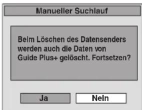 Manueller Suchlauf Belm Löschen des Datensenders werden auch die Daten von Guide Plus+ gelöscht. Fortsetzen? Ja Neln