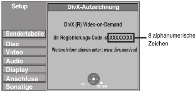 Setup DivX-Aufzeichnung DivX (R) Video-on-Demand Ihr Registrierungs-Code ist:XXXXXXXXX Weitere Informationen unter : www.divx.com/vod 8 alphanumerische Zeichen Sendertabelle Disc Video Audio Display Anschluss Sonstige