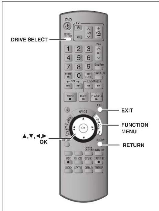 DRIVE SELECT DVD TV DRIVE SELECT AV CH VOL 1 2 3 4 5 6 7 8 9 DELETE 0 STOP MAKE PLAYOUTS EXIT GUIDE FUNCTION MENU OK OPTION RETURN CREATE CHAPTER MANUAL SKE REC REC MODE SET UNK I PRINT TIME AUDIO STATUS DISPLAY TIME BUE