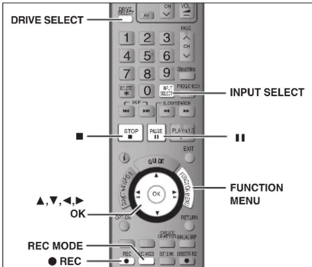 DRIVE SELECT 1 2 3 4 5 6 7 8 9 DELETE 0 SKIP R. OWSERANGE STOP PULSE PLAYX13 INPUT SELECT EXIT GUIDE FUNCTION MENU ▲,▼,◀,► OK OPTION RETURN REC MODE EXTOK DIRECTION ● REC