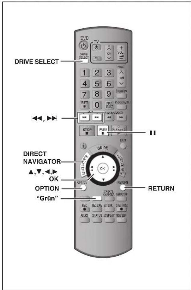 DRIVE SELECT 1 2 3 4 5 6 7 8 9 DELETE 0 WRITE SELECT STOP RASE PLAYOUT DIRECT NAVIGATOR ▲,▼,◀,► OK OPTION "Grün" CREATE CHAPTER DOWN,UP REO RESET,SET,UK DIRECT,HEC AUDIO STATUS DISPLAY TIME SUP RETURN EXIT