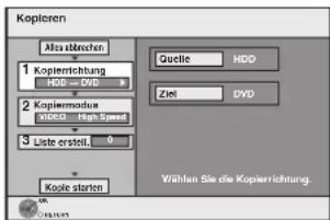 Kopieren Alba übrücken 1 Kopierrichtung HDD - DVD 2 Kopiermodus VIDEO - High Speed 3 Liste erstell. Koste starten Quotie HDD Ziel DVD Wählen Sie die Kopierrichtung.