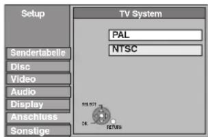 Setup Sendertabelle Disc Video Audio Display Anschluss Sonstige TV System PAL NTSC