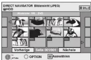 DIRECT NAVIGATOR Bildansicht (JPEG) BHD Aberrige 10 DVD Vorherige Selte 001/001 Nächste OPTION 11 Auswahlen