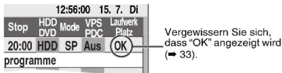 12:56:00 15.7. Di Stop HDD Mode VPS Laufwerk DVD PDC Platz 20:00 HDD SP Aus OK programme Vergewissern Sie sich, dass "OK" angezeigt wird (→ 33).