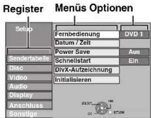 Register Menus Optionen Setup Sendertabelle Disc Video Audio Display Anschluss Sonstige Fernbedienung DVD 1 Datum / Zeit Power Save Aus Schnellstart Ein DivX-Aufzeichnung Initialisieren