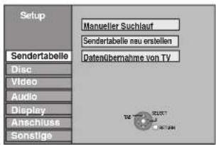 Setup Sendertabelle Disc Video Audio Display Anschluss Sonstige Manueller Suchlauf Sendertabelle neu erstellen Datentübernahme von TV