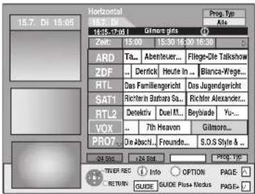 Horizontal 15.7 Di 15:05 16:30-17:01 Gimore girls ZME 15:00 15:30 16:00 16:30 ARD Ta... Abenteuer... Filege-Gle Talkshow ZDF ... Derick Heute in ... Blanca-Wege... RTL Das Familierungsicht Das Jugendergericht SAT1 Richter in Barbara Sa... Richter Alexander... RTL2 Detectiv Duel ... Beytrade Yu... VOX ... 7th Heaven Gilmore... PRO7 Ole Absch... Freunde... S.O.S Style & 24.80 124.80 PRO7 TWER REC Info OPTION PAGE RETURN GUIDE GUIDE Plaza Modus PAGE
