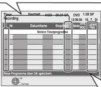 Timer Recording Nr. Restzelt MDD 30:24 SP DVD 1:58 SP 12:56:00 15.7 DI Nkr. DatumName StopState Mode VPS PDC Pfizer Platz Weitere Timeprogramme Neue Programme über OK speichern.