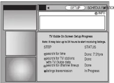 SETUP SCHEDULE SEARCH INFO TV Guide On Screen Setup Progress Note: It may take up to 24 hours to start receiving listings. STEP STATUS search for time Done: 7.31pm search for TV stations Done with TV Guide data search for channel lineup Done listings transmission In Progress