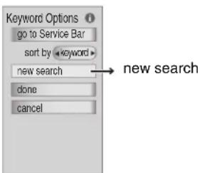 Keyword Options go to Service Bar sort by keyword new search done cancel new search
