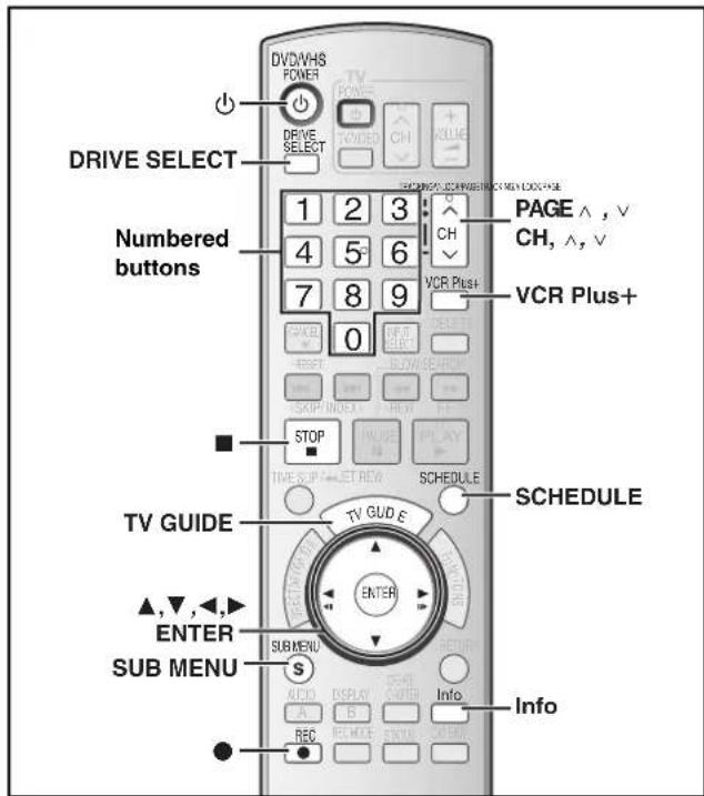 DRIVE SELECT Numbered buttons 1 2 3 4 5 6 7 8 9 0 STOP TV GUIDE ▲,▼,◀,► ENTER SUB MENU S AUDIO DISPLAY INFO A B RELIEC END REC VCR Plus+ PAGE ^ , v CH, ^, v VCR Plus+ SCHEDULE SCHEDULE SUB MENU A B RELIEC END REC