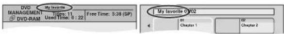 DVD MANAGEMENT Times: 11 Free Time: 5:38 (SP) DVD-RAM Used Time: 0 : 22 My favorite DVD2 01 Chapter 1 02 Chapter 2