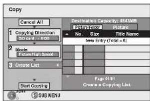 Copy Cancel All 1 Copying Direction Sub menu - 0.000 2 Mode Picture/High Speed 3 Create List Start Copying Destination Capacity: 4843MB Picture No. Size Title Name New Entry (Total = 6) Page 01/1 Create a Copying List. SUB MENU