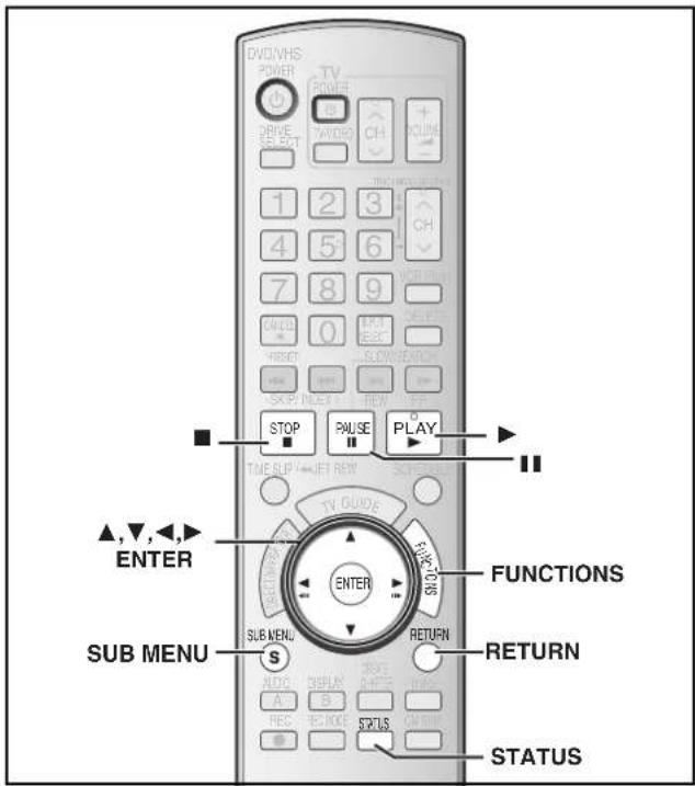 DVD/VHS POWER TV POWER DRIVE SELECT TAVIO CH VOLUME 1 2 3 4 5 6 7 8 9 CANCEL RESET 0 SLOW/SMOCH SKIP/INDEX NEW STOP PAUSE PLAY TIME SLIP/AMET ROW TV GUIDE ▲,▼,◄,► ENTER SUB MENU S FUNCTIONS SUB MENU RETURN STATUS RETURN STATUS