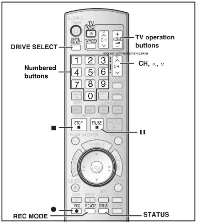 DRIVE SELECT Numbered buttons TV operation buttons 1 2 3 4 5 6 7 8 9 CANCEL 0 INPUT RESET SLOW/SPACE SKIP/INDEX T-NEW FF STOP PWUSE PLAY TIME SLIP RESET REW SCREW/BLUE TV GUIDE ENTER SLIB/NEW AUDIO DISPLAY CREATE A B C/ORDER INFO REC REC MODE STATUS REC MODE STATUS