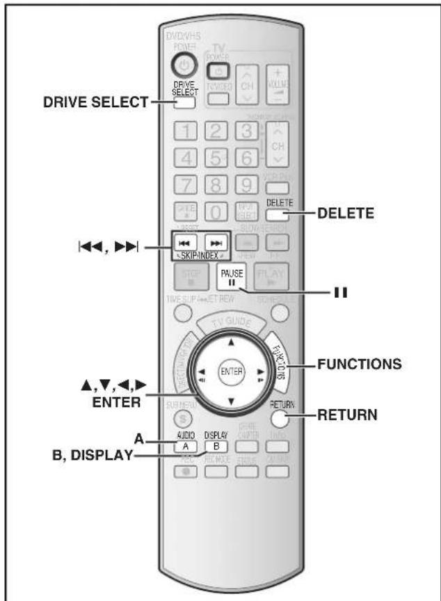 DRIVE SELECT 1 2 3 4 5 6 7 8 9 0 DELETE SKIP INDEX PAUSE TIME SLIP TV GUIDE FUNCTIONS RETURN A,▼,▲,▲ ENTER AUDIO DISPLAY B, DISPLAY A B