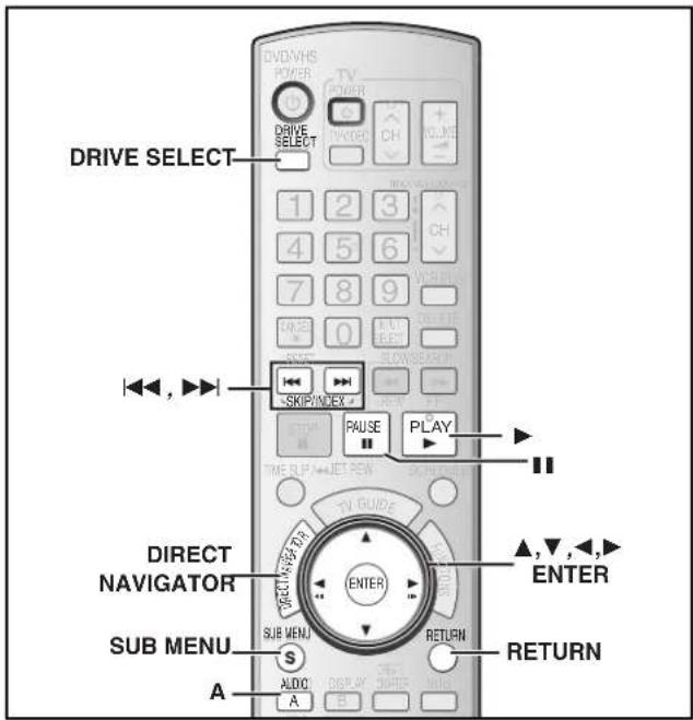 DRIVE SELECT 1 2 3 4 5 6 7 8 9 ON 0 SNS SKIP/INDEX PAUSE PLAY TIME SLP/NEUT PSEN TV GUIDE DIRECT NAVIGATOR ENTER SUB MENU SUB MENO ALDO A ▲,▼,▲,▲ ENTER RETURN RETURN