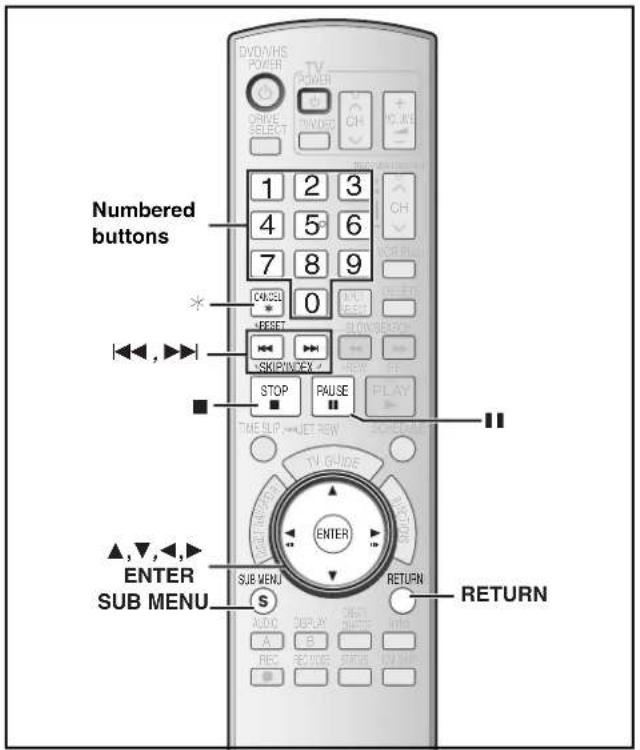 Numbered buttons OKSEL 0 RESET SKIP/PRICE STOP RAUSE TIME SLIP RESET TV GUIDE ENTER SUB MENU S RETURN AUDIO DISPLAY ON A B S REC RECOVE RETURN