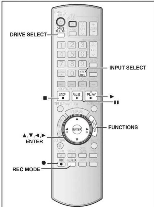 DRIVE SELECT 1 2 3 4 5 6 7 8 9 0 INPUT SELECT STOP PAUSE PLAY TIME SLT HEAD REM TV GUIDE BACK-OR EVIER FUNCTIONS ▲,▼,◀ ENTER REC MODE REC MODE