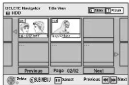 DELETE Navigator Title View HDD Previous Page 02/02 Next Delete SUS MBU Select Previous Next